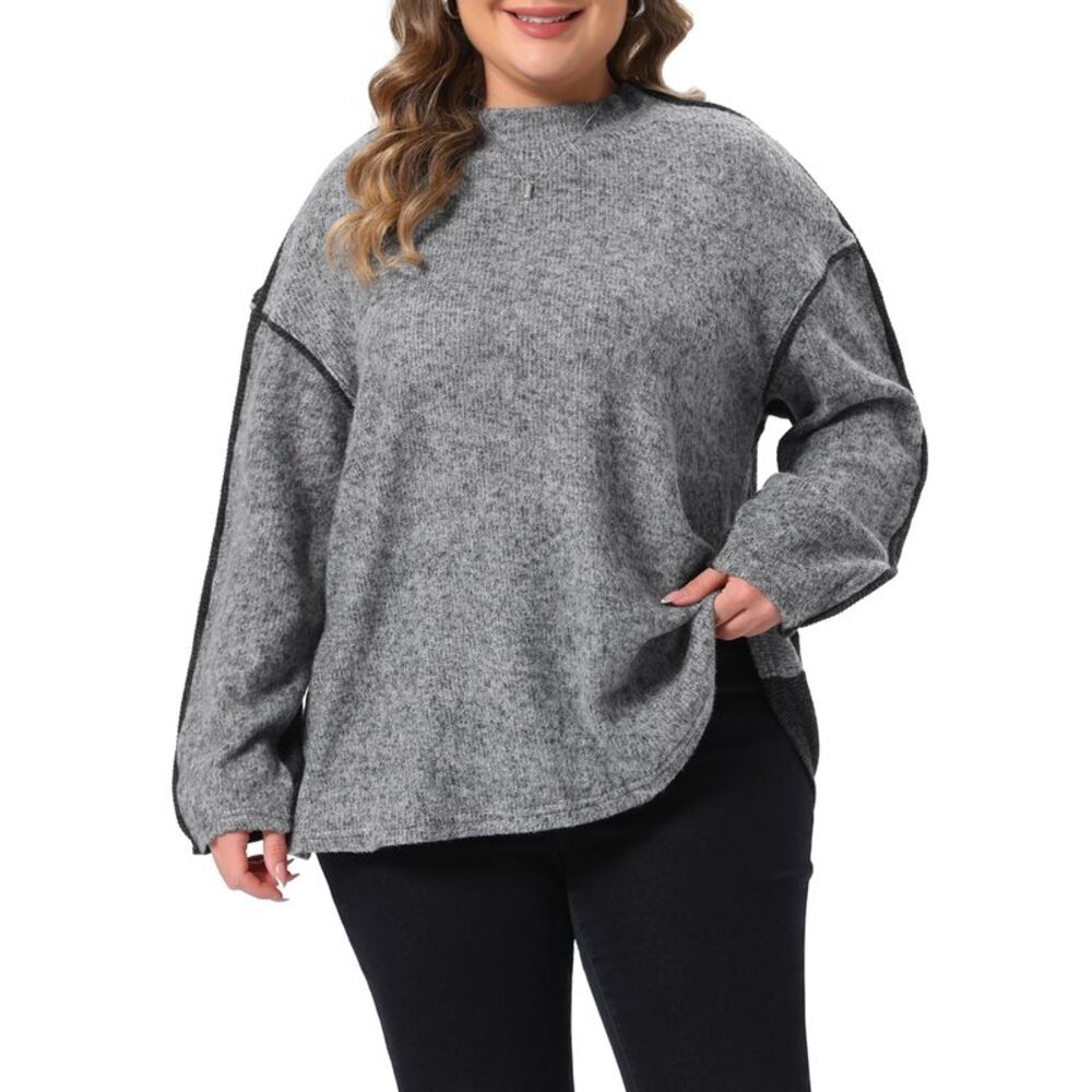 Women Plus Size Mock Neck Pullover Winter Contrast Sweater Grey